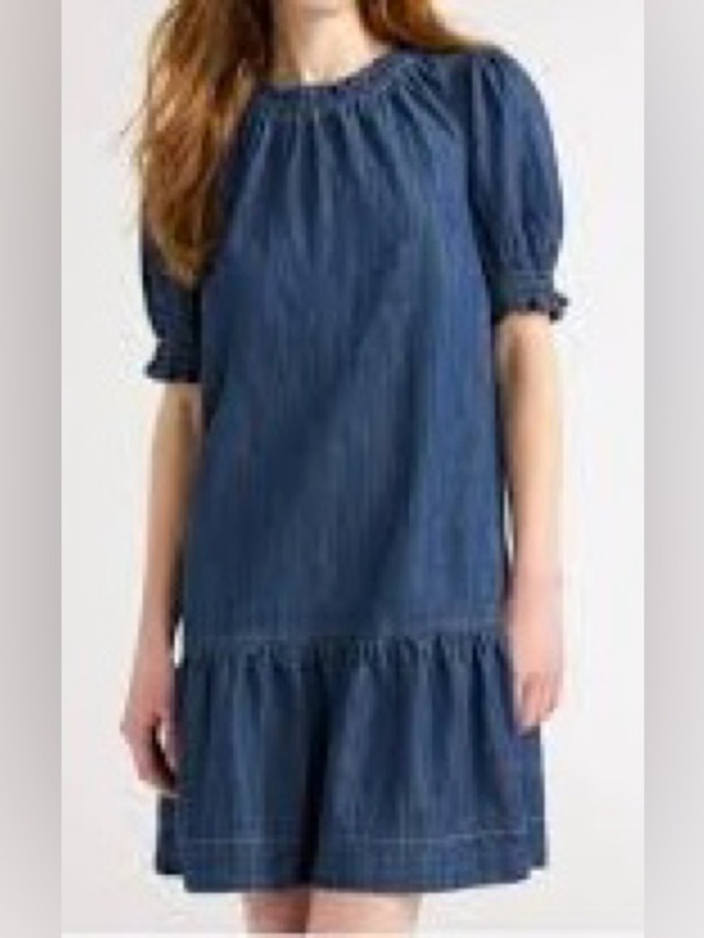 Smocked Neck Denim Mini Dress - lightweight denim, Size XSmall